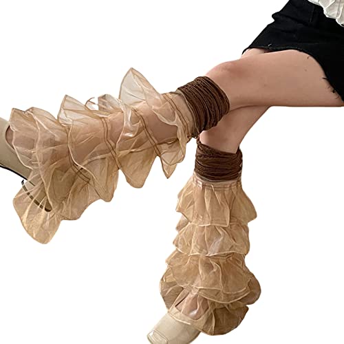 Image of Women Leg Warmers Ruffled Lace Patchwork Long Thigh High Socks Boot Cuffs Cover for Streetwear