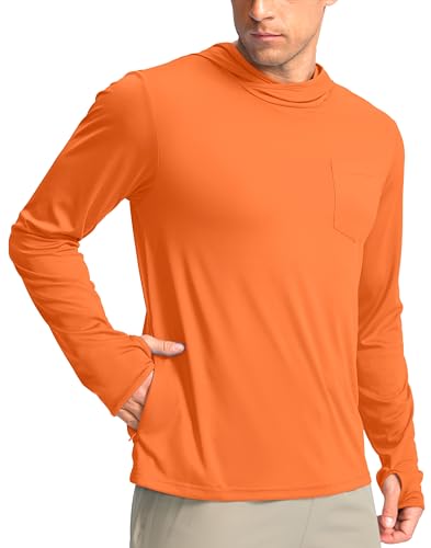 Men's Sun Protection Shirts UPF 50+ Long Sleeve Hoodie with 2 Pockets UV SPF Fishing Hiking Rash Guard Shirts (Orange, Medium)
