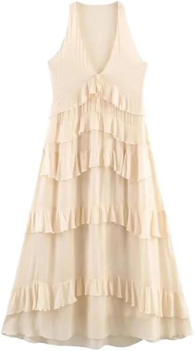 Women's Spring Sleeveless Layered Midi Dress Flowy Swing A-Line Casual Daily Dress
