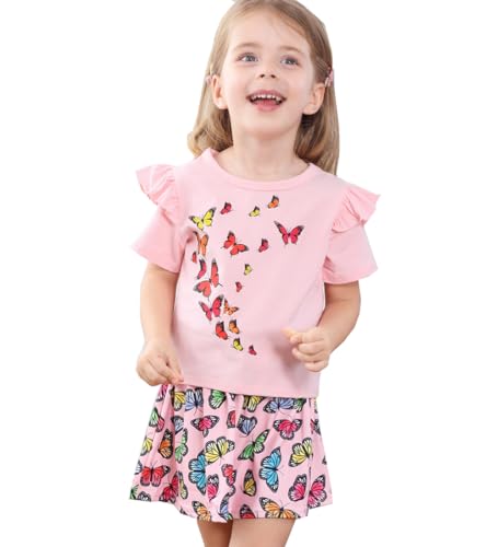 Image of Akyzic Little Girl Skirt Outfit Two Piece Spring Summer Outfit Butterfly Dress Cat Print Skirt Toddler Girl Outfit Set