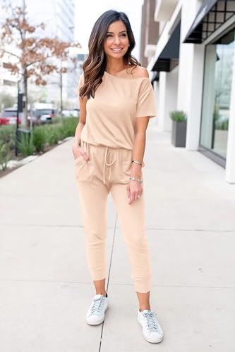 Image of PRETTYGARDEN Jumpsuits for Women Summer Off Shoulder Romper | Short Sleeve Drawstring Waist, Jogger Jumpers with Pockets, One Piece Spring Break Outfits, Vacation Travel Lounge Clothes