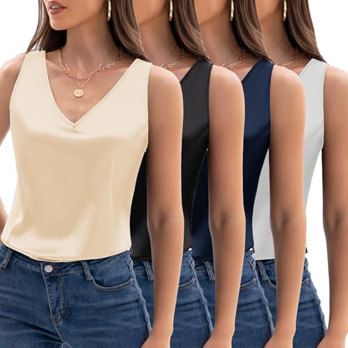 4 Pack Women's Tank Tops Silk Satin V Neck Sleeveless Blouse Summer Basic Camisole Shirt