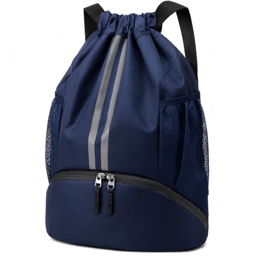 Image of Sioloc Blue Waterproof Drawstring Backpack for Gym & Swim – Lightweight Sports Bag with Shoe Compartment, Large Capacity, Wet/Dry Pockets (Men & Women)