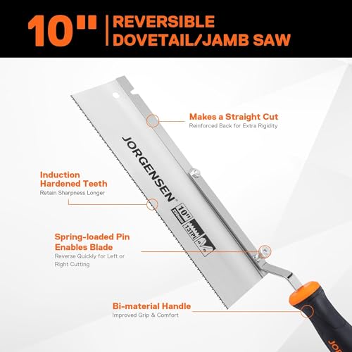 JORGENSEN 10\" Dovetail Reversible Saw, Professional Cutting Jamb Saw, 13TPI Double Ground Teeth Flush Cut Saw Spring Loaded Design Cranked Soft Handle, Shorten Door Frame, Tile Installation and Prep - Thumbnail 5