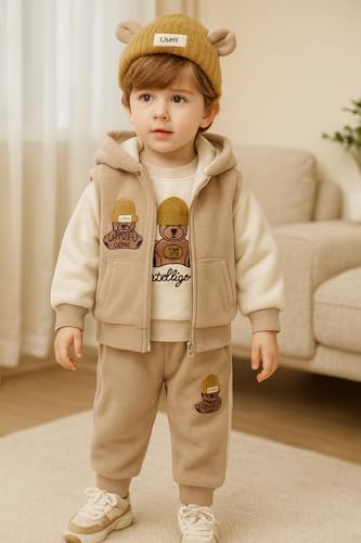 Image of Bold N Elegant Cotton Blend Cute Cartoon Bear Graphics Winter Warm Sweatshirt Hood Jacket And Jogger Pant 3 Pc Layering Clothing Set For Infant Toddler Kids