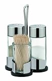 Tischgewürz-Set für den Privathaushalt oder professionelles Catering. Aus hochwertigem Edelstahl, Glas und widerstandsfähigem Kunststoff. Metallteil mit hochglänzender Oberfläche.