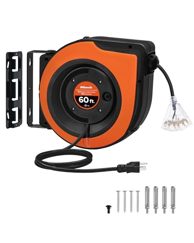 Retractable Cord Reel, 60 FT Heavy Duty Extension Cord, 12AWG/3C SJTOW, 3 Grounded Outlets Lighted Triple Tap, 15A Circuit Breaker, Wall/Ceiling Mounted, UL Listed, Orange B60CR06