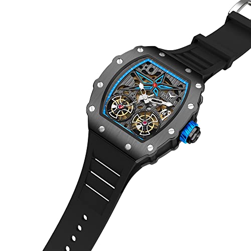 Sysfla Luxury Watch For Men Transparent Clear Watch Sport Casual Stylish Mechanical Tourbillon Men's Wrist Watch Cool Silicone Band Waterproof Analogue Skeleton Watch (Blueblackblack) #TOP1