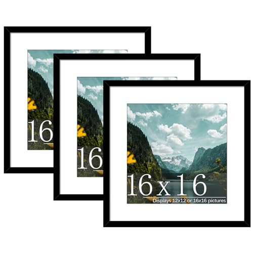 Picrit 16x16 Picture Frame 3 Pack, Black Poster Frame, Display Poster 12 x 12 with Mat or 16 x 16 without Mat for Horizontal or Vertical Wall Mounting