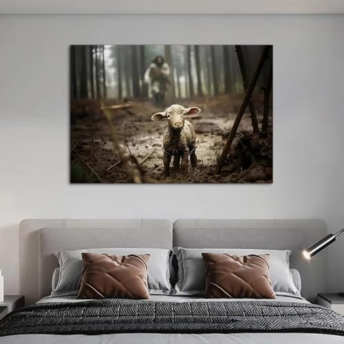 Tableau Christ sauve l'agneau sur toile imprimée avec cadre intérieur