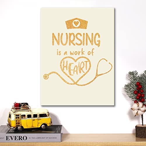 Nurse Gold Foil Canvas Wall Art Motivational Nursing Is A Work Of Heart Quote Print Framed Canvas Painting Artwork Home Decor Gifts 12X15 Inch #TOP4
