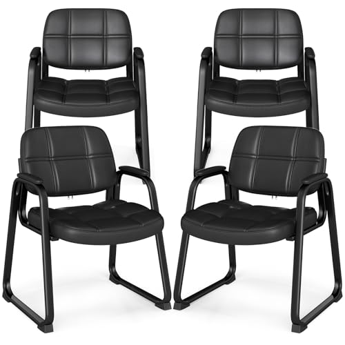 COSTWAY 2/4 PCS Executive Office Chairs, PU Leather Reception Chairs with Armrests, Upholstered Meeting Conference Armchair Guest Seats for Waiting Room Home Office (4PCS, 64 x 60 x 82cm)
