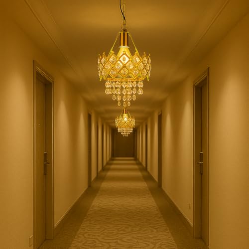 Image of TRIPPING Golden Crystal Ceiling Pendant Lamp with E27 Bulb Holder - Elegant Chandelier-Style Light for Living Room, Dining Hall, Hotel, Balcony, Cafe, and Reception Decor