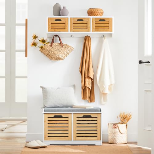 SoBuy Banco Zapatero con Asiento, Banco Almacenaje con 2 Puertas y Cojín Acolchado – Banco Entrada Recibidor, Blanco+Natural, 71 x 35 x 43 cm, Soporta 133kg – FSR23-II-WN - imagen 2