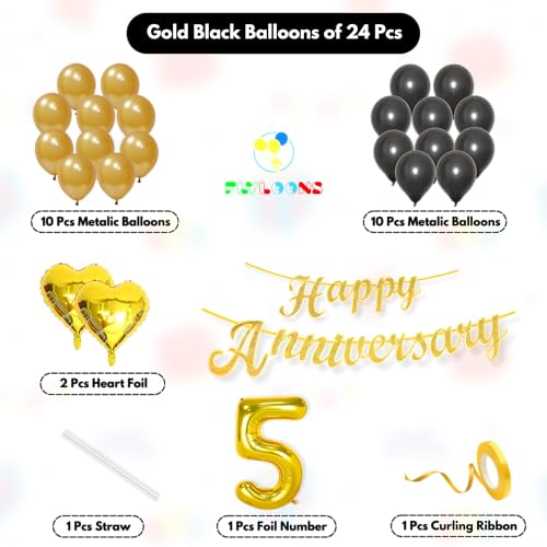 Image of Flyloons 5th Happy Anniversary Decoration Items Gold Black for Men Women Husband Wife Mom Dad Parent Couple Home Bedroom Car With 20 Pcs Metallic Balloons Anniversary Banner 2 Pcs Heart Set Kit Golden