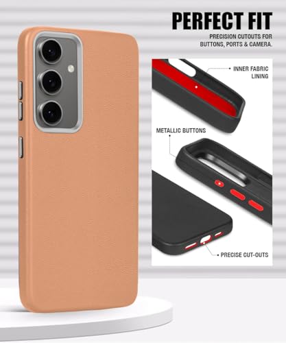 Image of WOW IMAGINE Back Cover for Samsung Galaxy S24 FE 5G | Shockproof Tough Leather Texture Hard Mobile Case | Ultra Slim Non-Slip Grip | Inner Velvet Fabric | Metal Camera Ring - Tan Brown