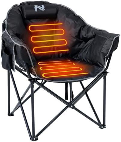 ABORON Oversized Heated Camping Chair, Padded Outdoor Folding Heated Chair with Side Pocket, Heavy Duty Seat for Winter Sports, Patio, Tailgating