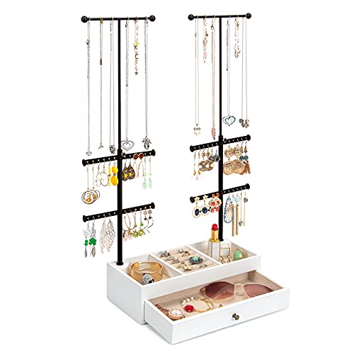 Emfogo Jewelry Organizer Stand Wood Basic Jewelry Drawer Storage Box with Double Rods & 6 Tier Jewelry Tree Stand Holder for Necklaces Bracelet Earring Ring Display(Vintage White)