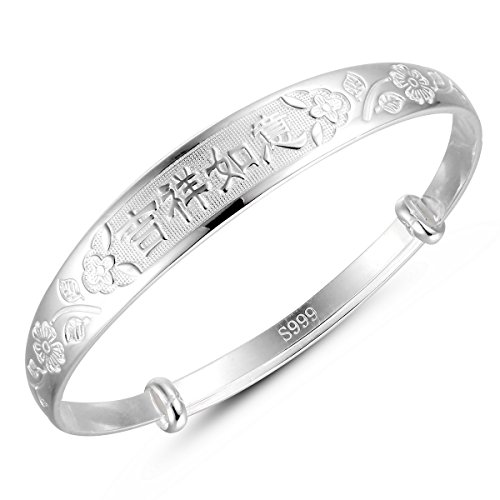 Merdia Women's 999 Solid Sterling Silver Chinese Style Luck Adjustable Bangle Bracelet for Women, Ladies and Elder | Lucky Jewelry for Women | Sterling Silver Bangle