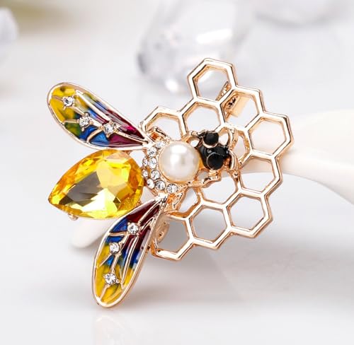 Image of Bee Pin and Brooch - Women's Retro Honeycomb Fashion Rhinestone Sunflower Brooch - Cute Cartoon Personality Enamel Oil Drop Color Insect Pin