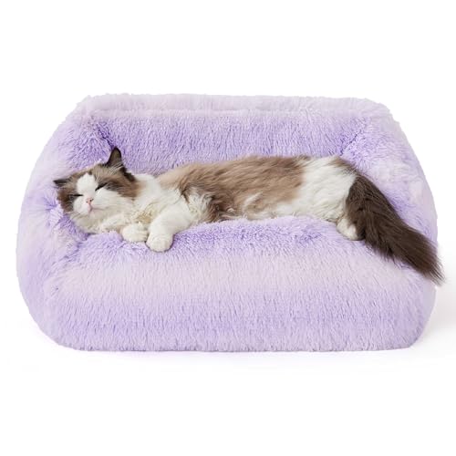 Lesure Cute Cat Bed Indoor - Furry Cat Bed Large, Washable Calming Small Dog Beds for Puppy with Fashion Design, 26x21x9inches, Purple Stripe