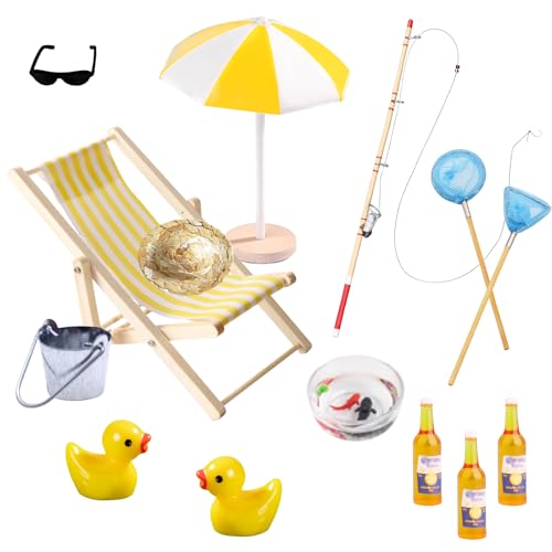 14 Stück Miniatur Zubehör Angelrute Set Wichtel Zubehör Puppenhaus Deko Sommer Strand Theme mit Strandstuhl Schwimmringe Sonnenschirme Fischernetze Angelset Deko 1:12 Miniaturmodell