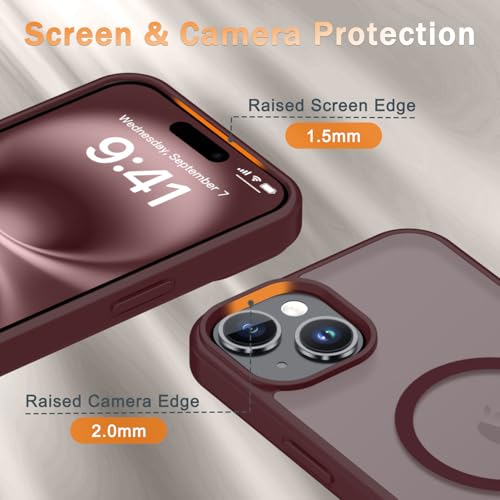 Image of for iPhone 15 Plus Case, iPhone 14 Plus Case, Matte Magnetic Phone Cover with 1 Screen Protector [Support for MagSafe] [Shockproof Military Grade Protection] Translucent Frosted Back, Wine Red