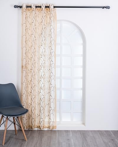 Image of (5 Ft Tissue Fabric Embroidered Curtain |Small Leaf Design Grommet Curtains Window Single Curtain | Vintage Classical Floral Print | For Home | Brown (Pack Of 1) | 152 L X 121 W Centimeters