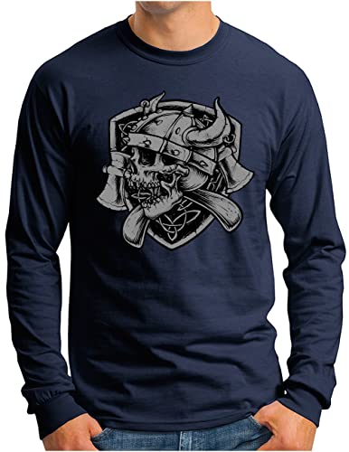T-shirt viking tête de mort Odin manches longues coton bleu marine