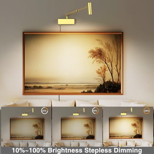 Image of Picture Light for Wall with Retractable Arm, Rotatable Indoor Picture Light Mini Accent Spotlight Plug in, Dimmable LED Picture Frame Light with Remote, Gold-Electroplated Wall Art Light 2700K
