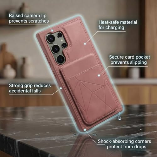 Image of amazon basics Premium Vegan Leather Back Cover with Card Holder and Integrated Mobile Stand for Samsung Galaxy S24 Ultra 5G - Slim Shockproof Wallet Case with Geometric Stitching [Pink]