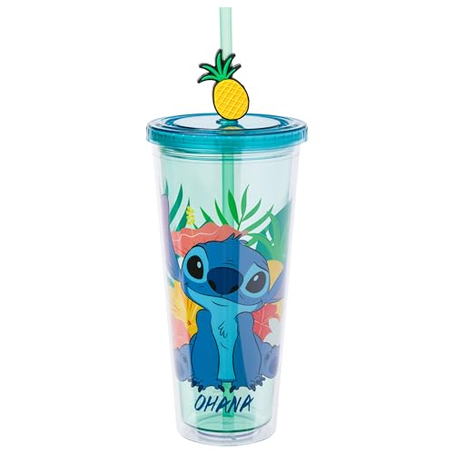 Silver Buffalo Lilo and Stitch Tropical Ohana Sitting 24oz Plastic Cold Cup w/Lid and Topper Straw