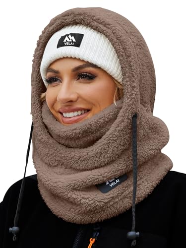 VELAI Balaclava Fleece Ski Mask for Men Women Winter Face Masks Windproof Hooded Scarf Cold Weather Hat Neck Warmer(Coffee)