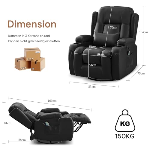 SITURAY Manuell Verstellbar Relaxsessel Fernsehsessel Massagesessel mit Liegefunktion Wippfunktion, 360° Drehbar TV Sessel mit Heizung, Kunstleder Kinosessel bis 150 kg für Wohnzimmer (2, Schwarz) – Bild 4