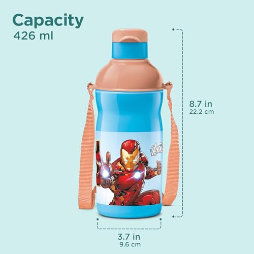 Image of Milton Marvel Kool Elite 400 Insulated Water Bottle for School Kids I Food Grade I Leak Proof Flip Top Lid, Easy to Carry Loop, Insulated Thermo Sipper Bottle for Kids,426 ml,Sky Blue (Iron Man print)