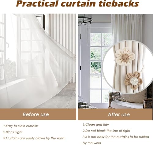 Image of Catchy Rope White & (Set of Brown Holders Holdback 2) Curtains Tieback Drapery Jute Tiebacks. Natural Decorative Window Neutral Combo Curtains Floral Curtain Beautiful (8, White)