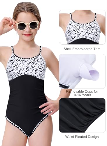 Image of XiaoMoSha Girls One Piece Swimsuit Adjustable Straps Bathing Suit Teen Girl Color Block Trim Padded Beach Swimwear 6-16 Years