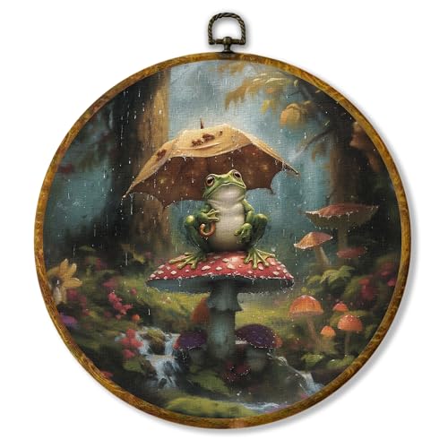 Hiuwevt Vintage Moody Forest Frog Round Wall Art Decor, Dark