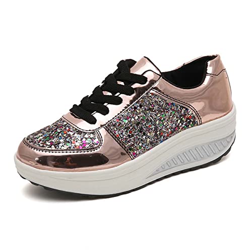 JOEupin Women's Fashion Sneakers Lace Up Sequin Breathable Casual Waking Shoes