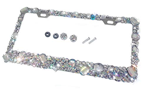 CRYSTAL RIDERS Bling License Plate Frame with Crystals Ab Iridescent Clear Metal Chrome Zink Alloy Screw Cover Cap Holder Sparkly Sparkle Custom Hand Made Hand Crafted