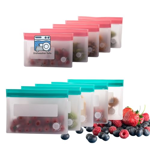 Reusable Food Storage Bags – 10-Pack Stand-Up, BPA-Free, Freezer, Dishwasher Safe, & Eco-Friendly– 5 L, 5 M Bags – Airtight Leakproof Sandwich, Snack, Travel & Make-Up baggies (Multicolor)