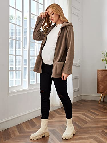 Makemechic Women's Babydoll Wearing Fleece Zip Up Hoodie Maternity Kangaroo Hooded Jacket Coat Mocha Brown M #TOP4