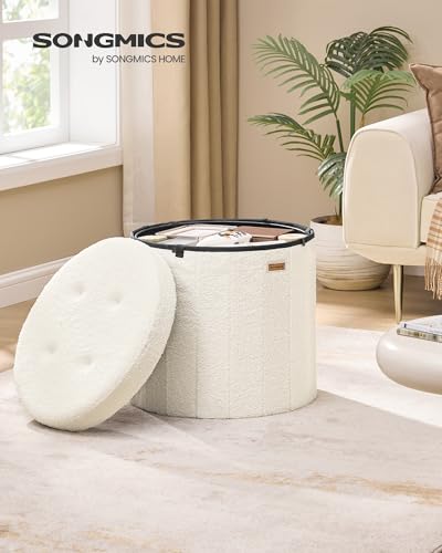 Pouf rangement rond pliable 65 L tissu Teddy, SONGMICS