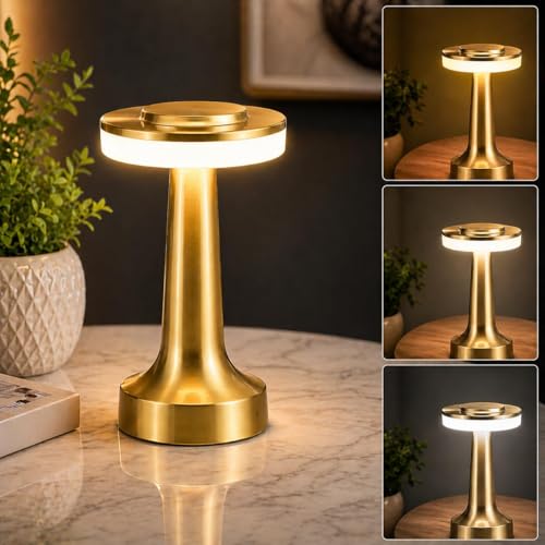 Image of One94Store Retro Gold LED Table Lamp - Touch Sensor, 2000mAh Rechargeable | 3 Brightness Levels Warm Light | Elegant Metal Night Lamp for Bedroom, Kids, Bedside & Cafe Decoration
