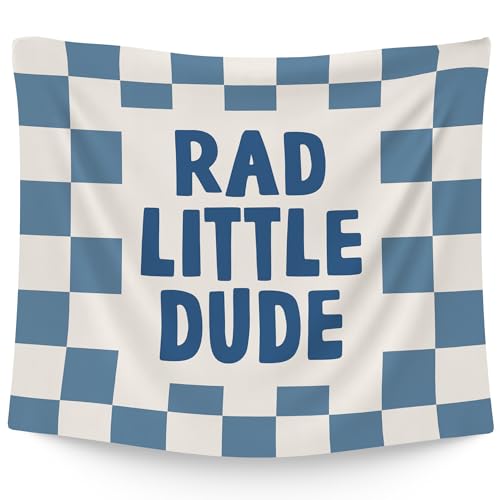 Image of WAITPI Rad Little Dude Hanging Wall Tapestry for Boys Kids Bedroom, Blue Checkered Wall Hanging Room Decor Tapestries for Toddler Boys Kids Room Dorm Playroom Nursery Classroom 50x60 in