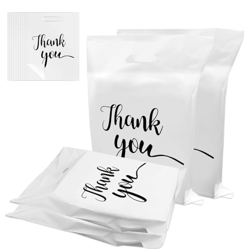 Lot de 100 Sacs Plastique Poignée Blanc,Sac Thank You Plastique Réutilisable 30 x 40cm,Sacchetti di ringraziamento portatili,Sac Emballage Cadeau,Sacs de Transport Marchandise pour la vente au détail