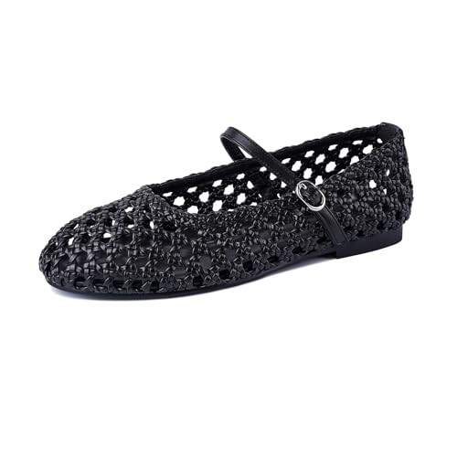Woven Ballet Flats for Women Mesh Mary Jane Flats Shoes Round Toe Dressy Ballerina Shoes with Buckle Strap Comfortable for Work Office Daily
