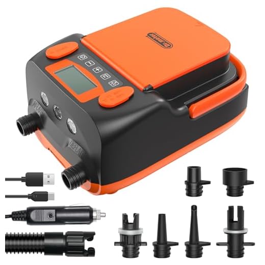 SUP Elektrische Luftpumpe mit Batterie, Dr. meter 6000mah aufladbar/AC 220V/ DC 12V Hochdruck-Luftpumpe mit 2 USB-Anschlüssen, 3 LED Lichtern und 6 Düsen für Stand Up Paddle Boards, Boote, Zelte