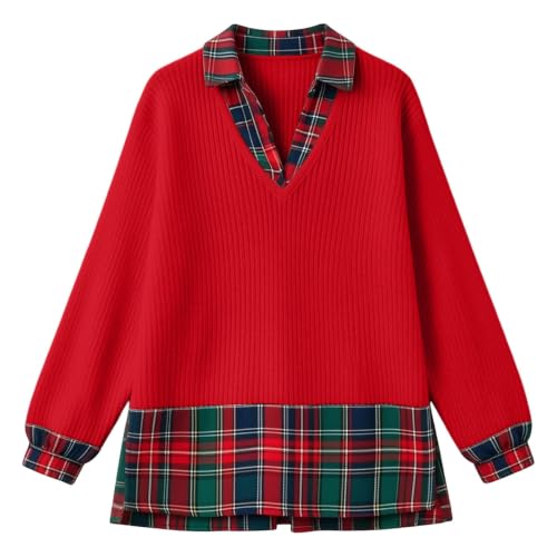 Christmas Sweatshirts for Women V-Neck Waffle Knit Patchwork Plaid Shirt - image 4