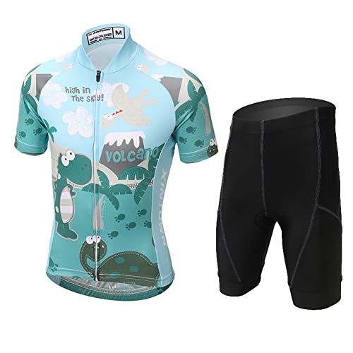 LCIGIA Conjunto de maillot de ciclismo para niños y niñas, de secado rápido, camiseta de manga corta + pantalones cortos de ciclismo con acolchado 3D, verde, 116 cm